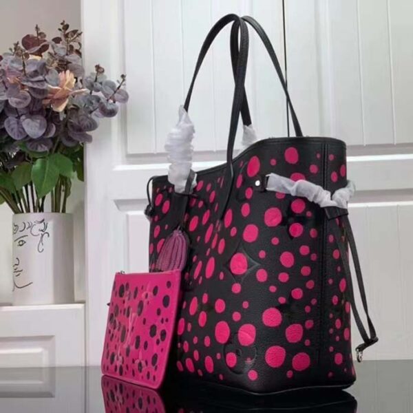 Louis Vuitton Women LV x YK Neverfull MM Black Fuchsia Embossed Grained Monogram Empreinte Cowhide - Image 4