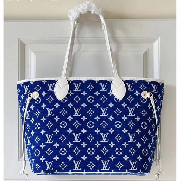 Louis Vuitton Women Neverfull MM Tote Blue Monogram Jacquard Velvet Cowhide Leather - Image 2