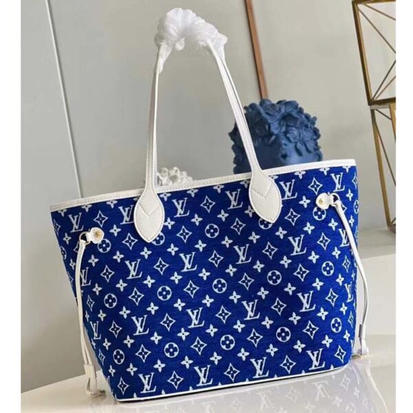 Louis Vuitton Women Neverfull MM Tote Blue Monogram Jacquard Velvet Cowhide Leather - Image 4