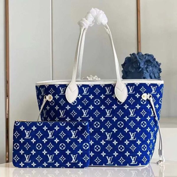 Louis Vuitton Women Neverfull MM Tote Blue Monogram Jacquard Velvet Cowhide Leather - Image 3