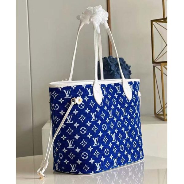 Louis Vuitton Women Neverfull MM Tote Blue Monogram Jacquard Velvet Cowhide Leather - Image 5