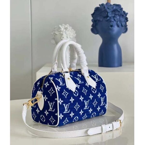 Louis Vuitton Women Speedy Bandouliere 20 Bag Blue Monogram Jacquard Velvet Cowhide - Image 3