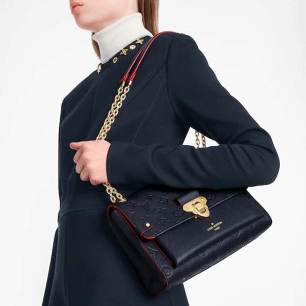 Louis Vuitton Women Vavin PM Handbag Navy Blue Red Embossed Supple Grained Cowhide - Image 11