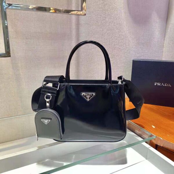 Prada Women Brushed Leather Handbag Nylon Lining-Black - Image 2