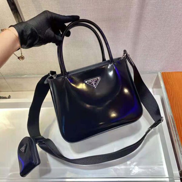 Prada Women Brushed Leather Handbag Nylon Lining-Black - Image 3