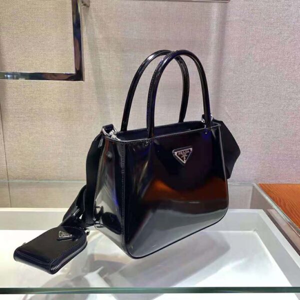 Prada Women Brushed Leather Handbag Nylon Lining-Black - Image 4