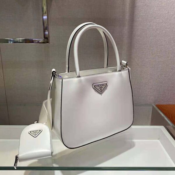 Prada Women Brushed Leather Handbag Nylon Lining-White - Image 4