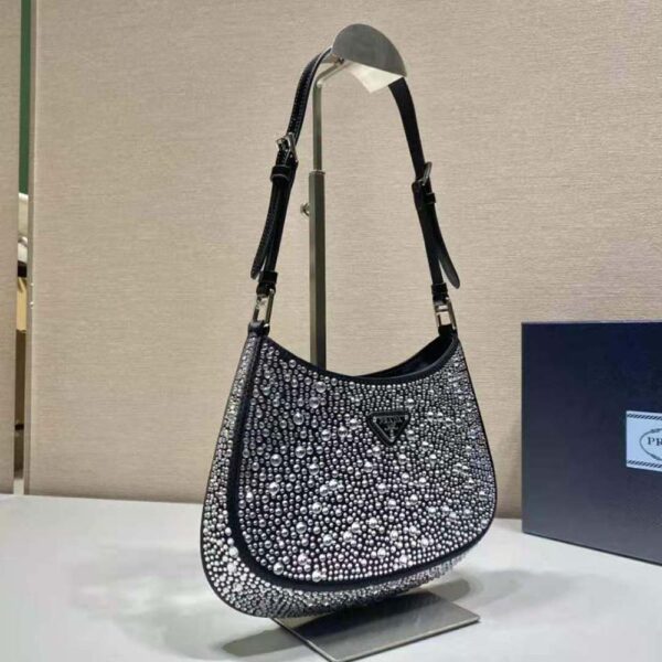 Prada Women Cleo Satin Bag with Appliques-Black - Image 4