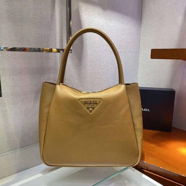 Prada Women Medium Leather Handbag with the Prada Metal Lettering Logo Illuminating Its Center-Brown - Image 3
