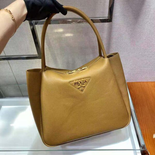 Prada Women Medium Leather Handbag with the Prada Metal Lettering Logo Illuminating Its Center-Brown - Image 5