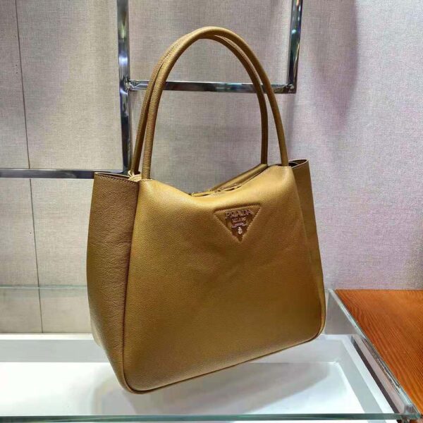 Prada Women Medium Leather Handbag with the Prada Metal Lettering Logo Illuminating Its Center-Brown - Image 6