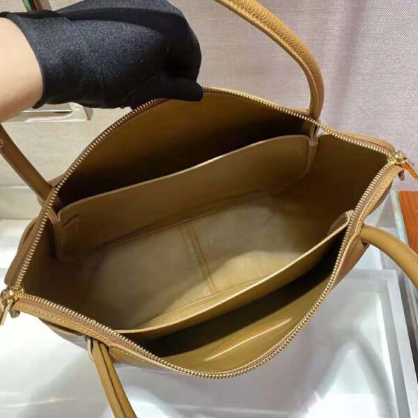 Prada Women Medium Leather Handbag with the Prada Metal Lettering Logo Illuminating Its Center-Brown - Image 9