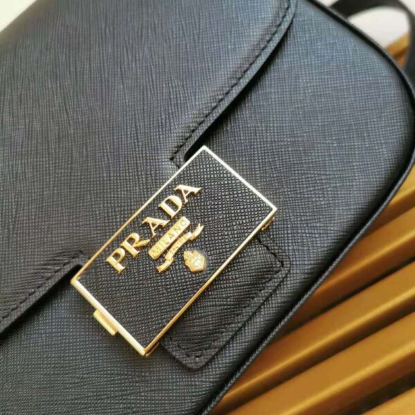Prada Women Saffiano Leather Prada Embleme Bag-Black - Image 7