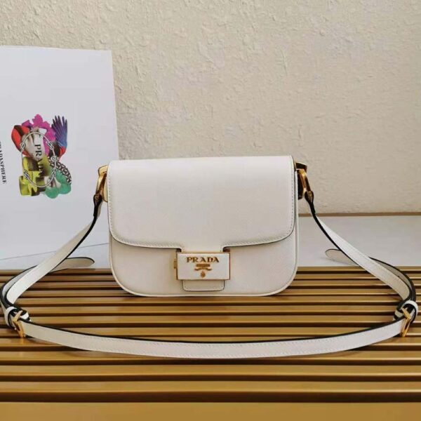 Prada Women Saffiano Leather Prada Embleme Bag-White - Image 3