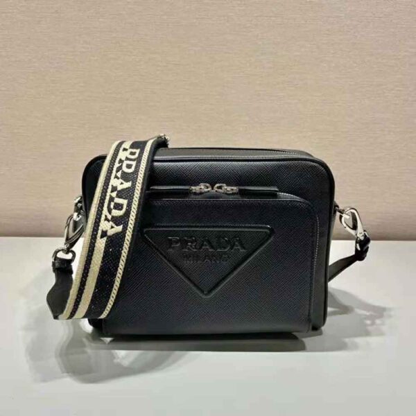 Prada Women Saffiano Leather Shoulder Bag With Iconic Prada Material-Black - Image 2