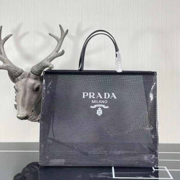 Prada Women Sequined Mesh Tote Bag-Black - Image 2
