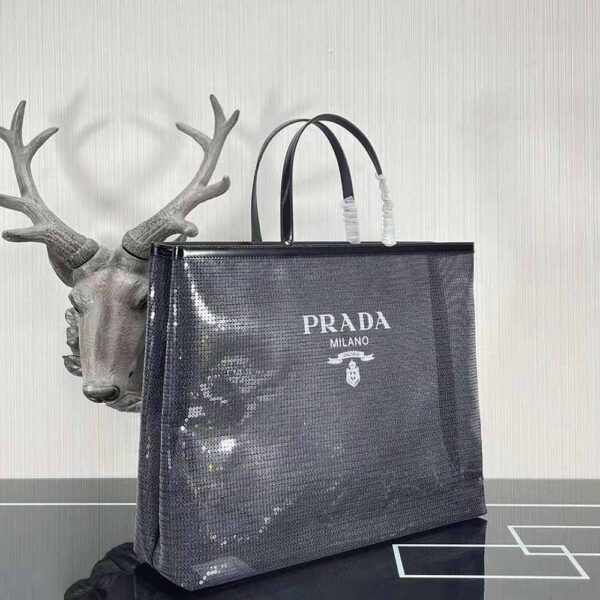 Prada Women Sequined Mesh Tote Bag-Black - Image 4