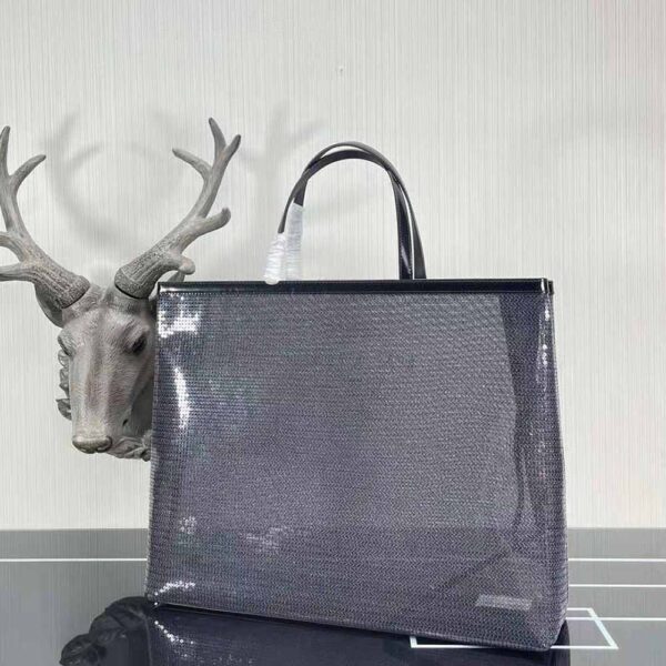 Prada Women Sequined Mesh Tote Bag-Black - Image 3