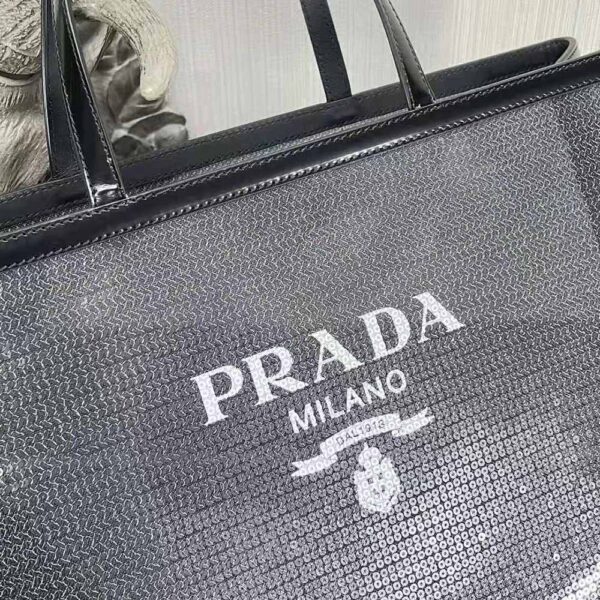 Prada Women Sequined Mesh Tote Bag-Black - Image 7