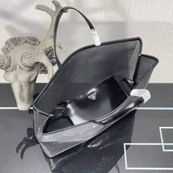 Prada Women Sequined Mesh Tote Bag-Black - Image 6