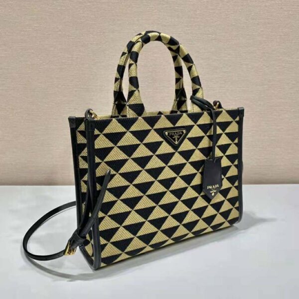 Prada Women Small Prada Symbole Jacquard Fabric Handbag-Brown - Image 3
