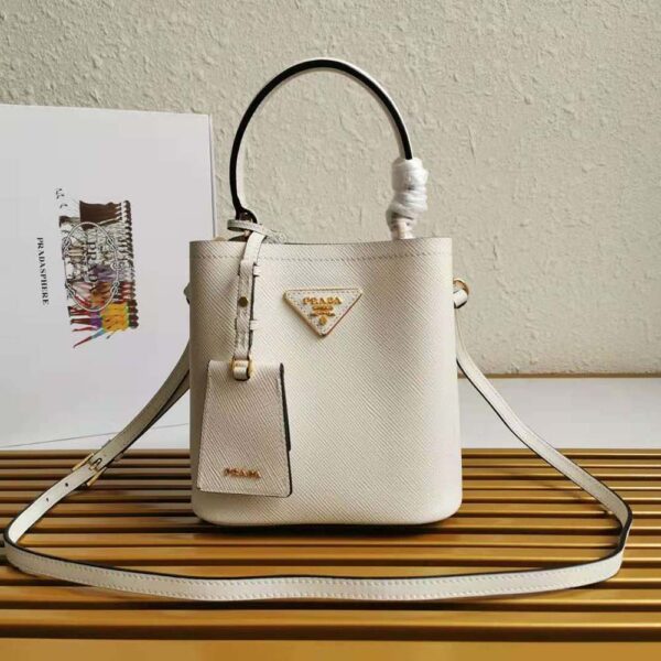 Prada Women Small Saffiano Leather Prada Panier Bag-White - Image 2