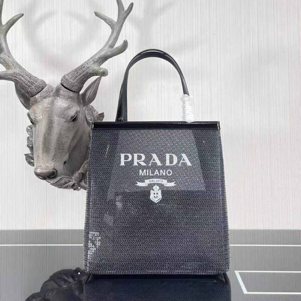 Prada Women Small Sequined Mesh Tote Bag-Black - Image 2