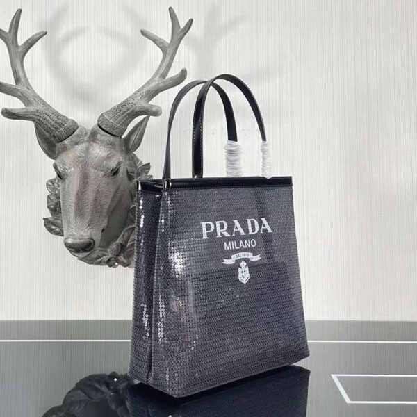 Prada Women Small Sequined Mesh Tote Bag-Black - Image 3