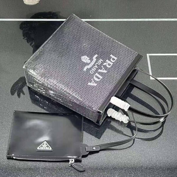 Prada Women Small Sequined Mesh Tote Bag-Black - Image 5