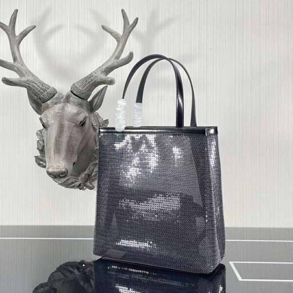 Prada Women Small Sequined Mesh Tote Bag-Black - Image 4
