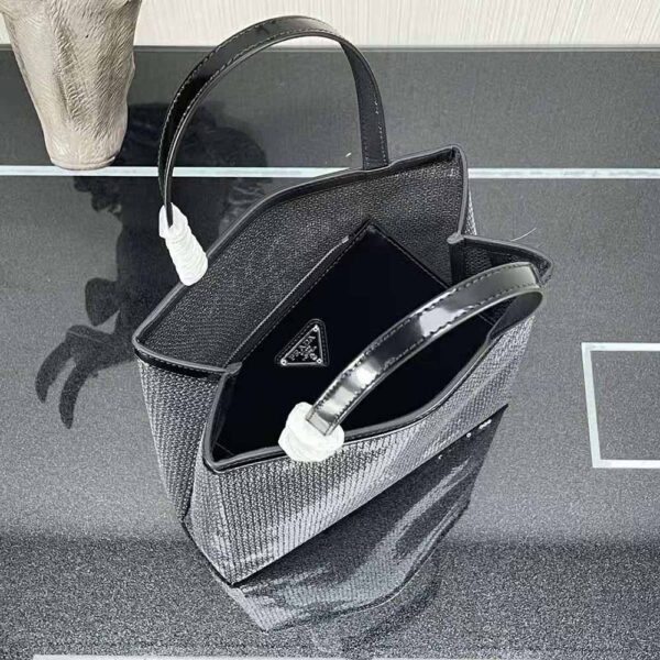 Prada Women Small Sequined Mesh Tote Bag-Black - Image 6
