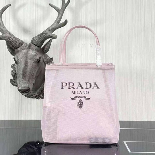 Prada Women Small Sequined Mesh Tote Bag-Pink - Image 2