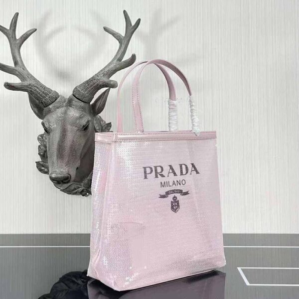 Prada Women Small Sequined Mesh Tote Bag-Pink - Image 3