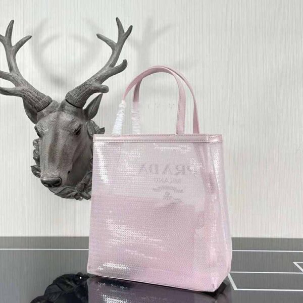 Prada Women Small Sequined Mesh Tote Bag-Pink - Image 4