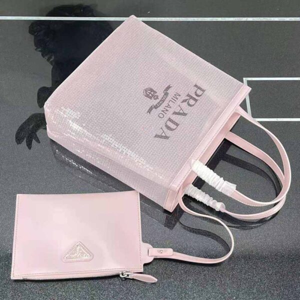 Prada Women Small Sequined Mesh Tote Bag-Pink - Image 5