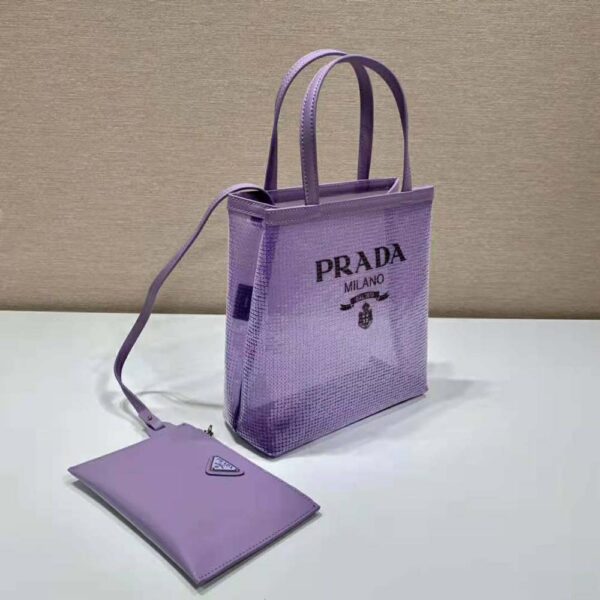 Prada Women Small Sequined Mesh Tote Bag-Purple - Image 4