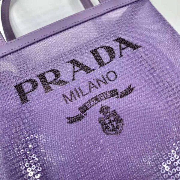 Prada Women Small Sequined Mesh Tote Bag-Purple - Image 8