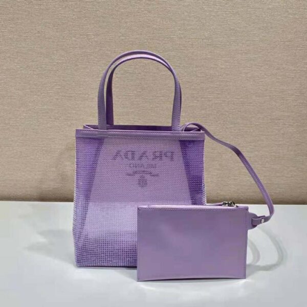 Prada Women Small Sequined Mesh Tote Bag-Purple - Image 3